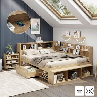 Merax 4ft6 Double Storage Bed Frame with Bookshelf Headboard & Charging in Natural