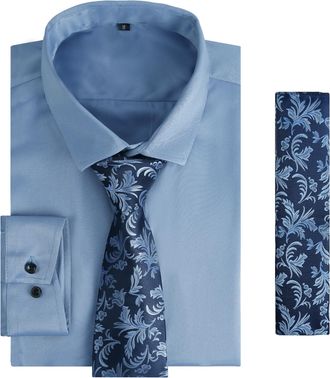 Alizeal Mens Long Sleeve Shirt and Necktie Set Formal Casual Business Wedding Button Down Dress Shirt and Tie Set, Haze Blue-Navy-3XL