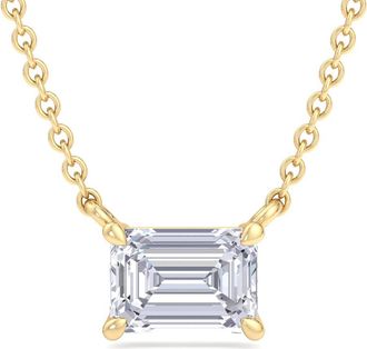 SuperJeweler Emerald Cut Lab Grown Diamond Pendant Necklace in 14K White or Yellow Gold - 1/4 to 7 Carat Total Weight - Classic Solitaire Setting for Women