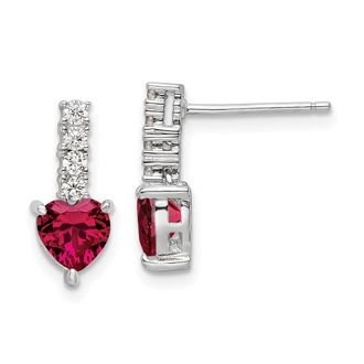 Diamond2Deal Sterling Silver Polish Rhod-plated Created Ruby Heart Dangle Earrings