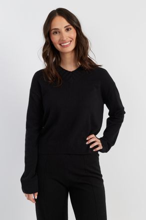 Chinti and Parker Black Wool-Cashmere Ribbed V-neck Sweater