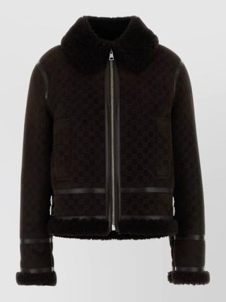 Gucci shearling collar leather trim jacket pockets