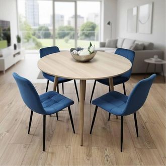 Kosy Koala Modern Round Dining Table Set With 4 Blue Velvet Chairs