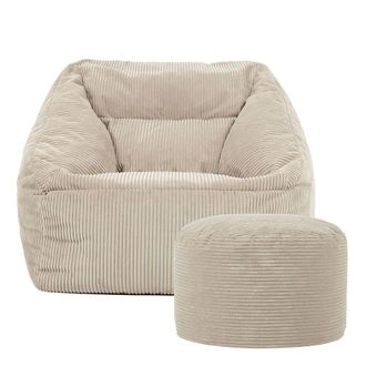Icon Brand Corduroy Bean Bag Armchair & Round Beanbag Footstool in Natural