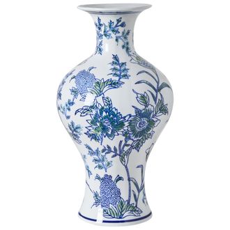 Beliani Jarr&oacute;n Para Flores Florero Accesorio Decorativo De Porcelana Blanco Y Azul Berga