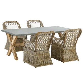 Beliani Conjunto De Comedor 4 Plazas De Rat&aacute;n Natural Gris Madera Clara Blanco Crema Hormig&oacute;n Cojines De Algod&oacute;n Jard&iacute;n Maros/olbia