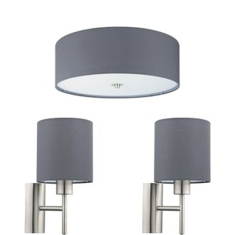 Loops Low Ceiling Light & 2x Matching Wall Lights Grey Fabric Round Shade Lamp