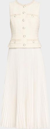 Milly Pleated Boucle Mixed Media Midi Dress