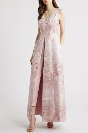Kay Unger Clark Floral Jacquard Walk Through Jumpsuit in Pink at Nordstrom, Size 16