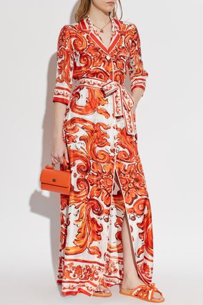 Dolce & Gabbana Long, Silk Coat With Majolica Print, Womens, Orange