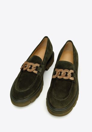 Wittchen Dames Su&egrave;de Loafers met Decoratieve Ketting op Platform Donkergroen