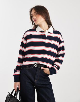Tommy Jeans Top comodo stile rugby blu navy a righe con logo a bandiera