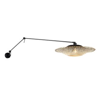 QAZQA Oriental Aplique Negro Con Pantalla De Rat&aacute;n 50 Cm Regulable - Blitz Acero /bamb&uacute; Alargada Adecuado Para Led Max. 1 X 60 Watt - Qazqa