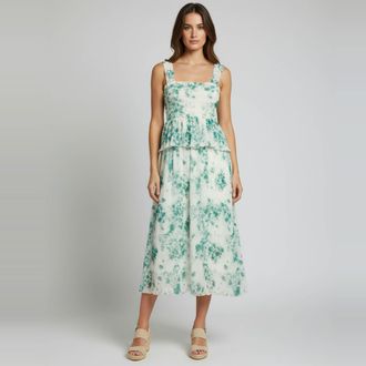 Ganni Ganni Green Printed Georgette Plisse Smocked Midi Dress
