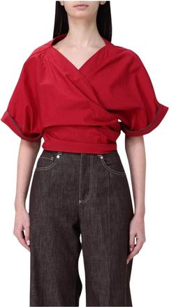 Brunello Cucinelli Red V-Neck Wrap Top Short Sleeves