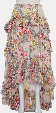 Alberta Ferretti Beige Floral Printed Cotton & Silk Ruffled Asymmetric Hem Midi Skirt