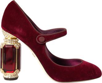 Dolce & Gabbana Womens Velvet Pumps Jewelheels Mary Jane Style - Dark Red Cotton - Size 40.5 EU/IT