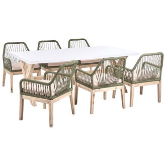Beliani Conjunto De Comedor Exterior Con Sillas Mesa Tablero De Hormig&oacute;n Patas De Madera 6 Sillas De Polipropileno Cojines Blanco Verde Oliva Olbia