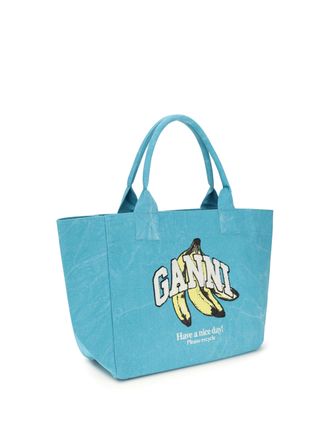 Ganni Womens Medium Banana Print Tote Bag Blue Curacao Recycled Cotton Shoulder