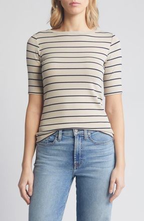 Nic+Zoe Wide Stripe Cotton Blend Top in Neutral Multi at Nordstrom, Size Small
