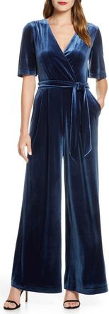 Eliza J Wide Leg Faux Wrap Velvet Jumpsuit in Blue at Nordstrom Rack, Size 12