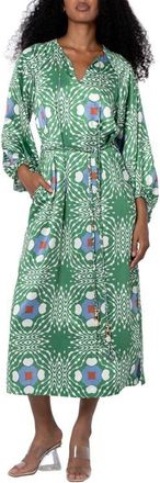 Ciebon Jardin Abstract Print Long Sleeve Satin Dress in Green Multi at Nordstrom, Size X-Large