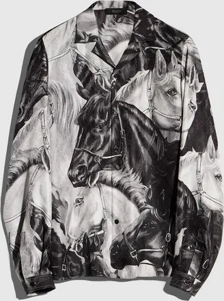 Gucci Printed GG Silk Twill Jacquard Shirt, Size 48, Black