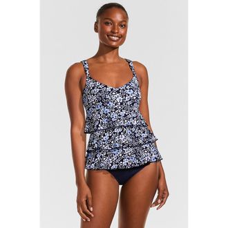 Lands End Smoothing Control Ruffle Fauxkini One Piece Swimsuit in Navy Meadow Floral at Nordstrom, Size 24W