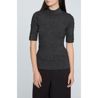 Elie Tahari The Samantha Metallic Snap Accent Mock Neck Sweater in Noir With Gunmetal Lurex at Nordstrom Rack, Size X-Small