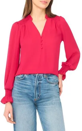CeCe by Cynthia Steffe Half Placket Smocked Accent Top in Rose Cerise at Nordstrom Rack, Size Xx-Large