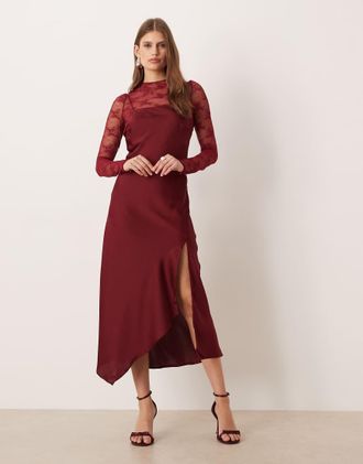 Vero Moda Vestito sottoveste ibrido in raso con top accollato in pizzo color rosso Cabernet