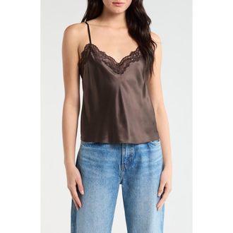 Reformation Teddy Lace Trim Silk Crop Camisole in Black Pearl Lace at Nordstrom, Size X-Small