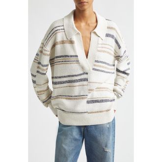 TWP Stripe Fringe Detail Stretch Silk & Linen Sweater Dress in Ivory Multi at Nordstrom, Size X-Small
