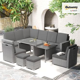OUTSUNNY 10-Seater Sofa Sectional w/ Cushioned Seat, Footstools & Glass Table in Light Grey