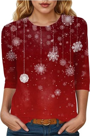 Generic Womens Christmas T Shirts 3/4 Short Sleeve Tops UK Christmas Tree Pullover Ladies Crewneck Christmas Sweatshirts Funny Graphic Tee Shirt Casual Xmas B