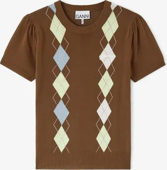 Ganni Tiramisu T-shirt in Argyle - Size XS Organic Cotton
