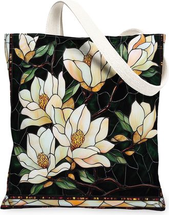 Generic Spring Magnolias Flower Canvas Tote Bag for Shopping 13x15, Stained Glass Floral Reusable Grocery Print Bag for Women, Fun Luxury Beach Aesthetic Pain