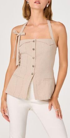 ASTR the Label Cithara Gingham Halter Neck Peplum Top in Tan Checker at Nordstrom, Size X-Small