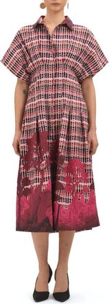 Celina Moon Tartan Embroidered Short Sleeve Cotton Shirtdress in Pink at Nordstrom Rack, Size X-Small