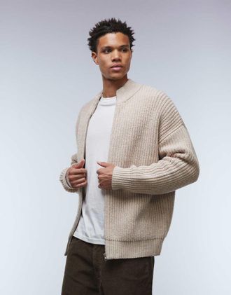 Asos Cardigan oversize in maglia beige m&eacute;lange con zip e scollo a imbuto-Neutro