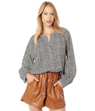 Joie Top Womens Black White Floral Split Neck Long Sleeve Pullover JDM895