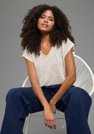 Laura Scott T-Shirt LAURA SCOTT, Damen, Gr. 32/34, beige, Jersey, Obermaterial: 100% Polyester, Leinenoptik, unifarben, Basic, Basic h&uuml;ftlang, V-Ausschnitt, anges