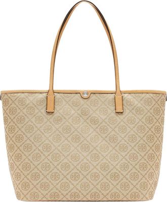 Tory Burch Beige T Monogram Top Zip Large Tote