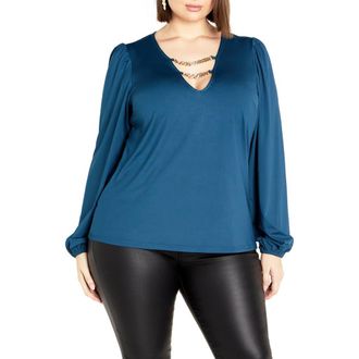 City Chic Romee Chain Detail Long Sleeve Top in Midnight at Nordstrom, Size Xxl