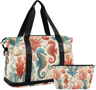 Alaza Seahorse Seashell Corals Gym Bag Sports Duffel Bag with Shoes Compartment, Overnight Weekender Travel Tote Bag for Women Men Trip College