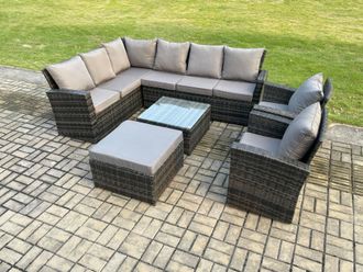 Fimous Rattan Garden Furniture Set Outdoor Lounge Corner Sofa Set With Square Coffee Table Big Footstool 2 Armchairs in Dark Grey