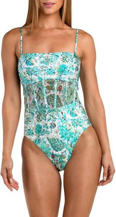 Sunshine 79 Free Spirit Print Bandeau One-Piece Swimsuit in Blue/Green Multi at Nordstrom, Size 14