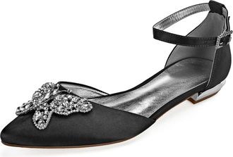 Generic Women Satin Wedding Flats Shoes Pointed Toe Prom Evening Bridal Party Dress Flats 2Cm,Black,10 UK