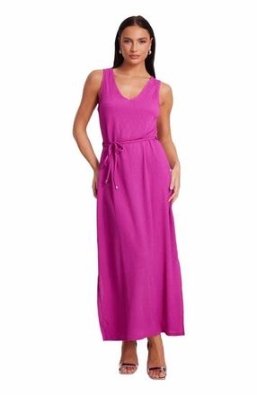 Quiz V Neck Maxi Dress With Tie Belt Detail in Magenta at Nordstrom, Size 14