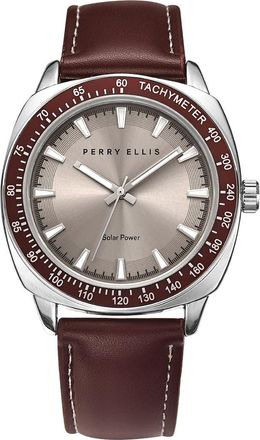 Perry Ellis Solar Leather Strap Watch, 41mm in Silver at Nordstrom Rack